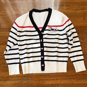 Women’s Striped V-Neck Button Cardigan Sweater - White/Black/Red